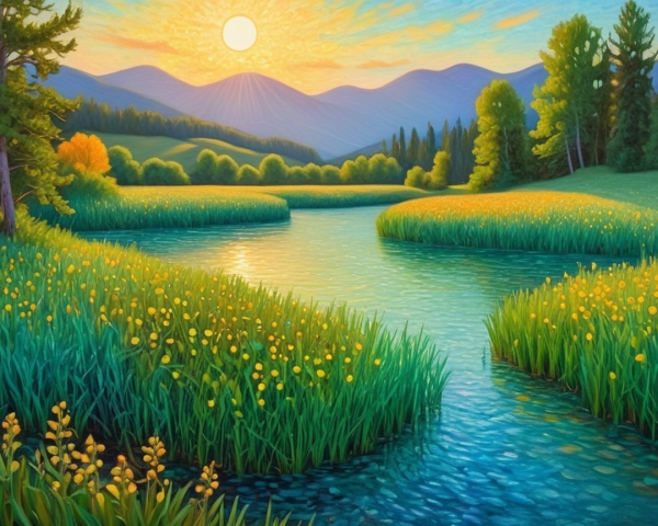 Serene Sunrise Landscape with Mountains and River
