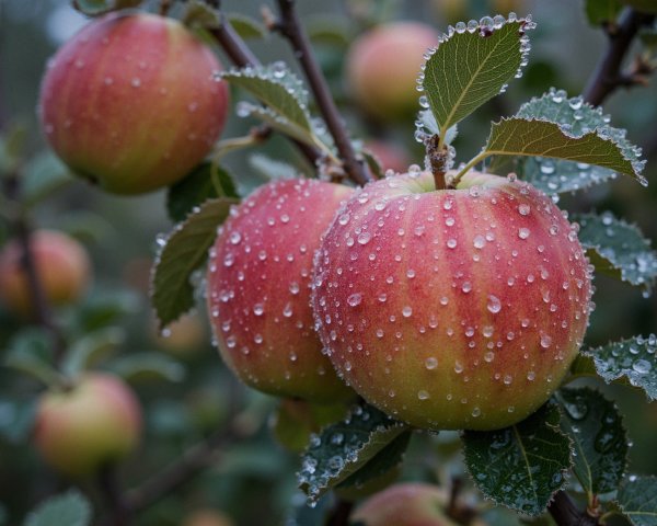 Close-up of Dewy Apples on an Apple Tree Branch