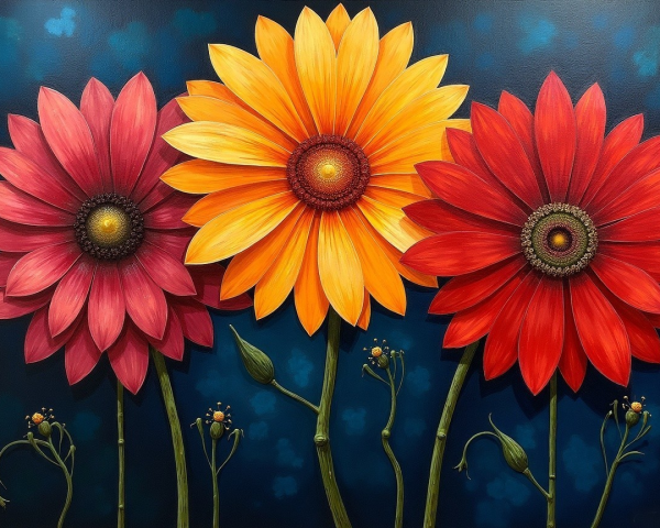 Vibrant Painting of Three Large Flowers in Bright Colors