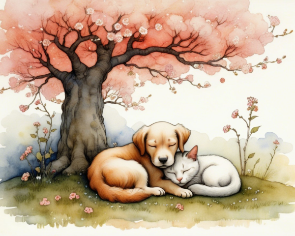 Golden Retriever and White Cat Under Pink Tree