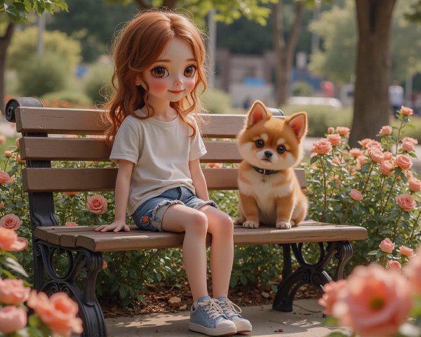 Doll-like Girl with Pomeranian in Blooming Roses