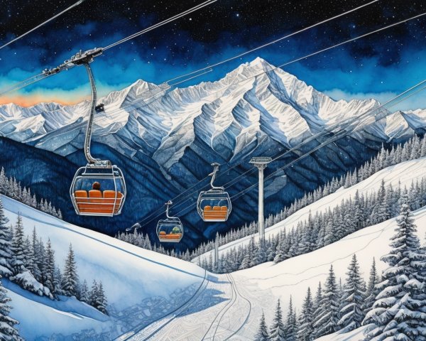 Winter Landscape with Snow-Covered Mountains and Ski Lift