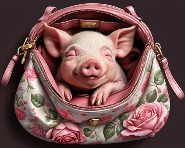 Piglet Relaxing in Floral Handbag Design