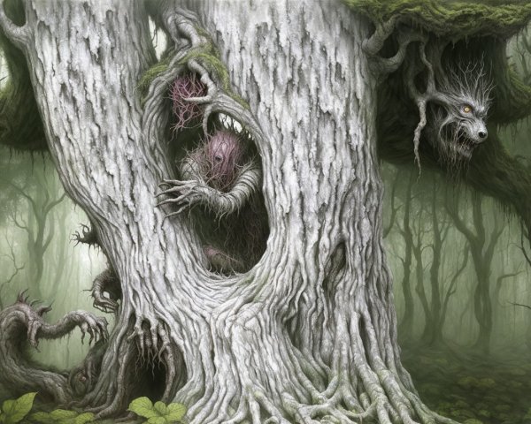 Mystical forest with a gnarled tree and shadowy figure