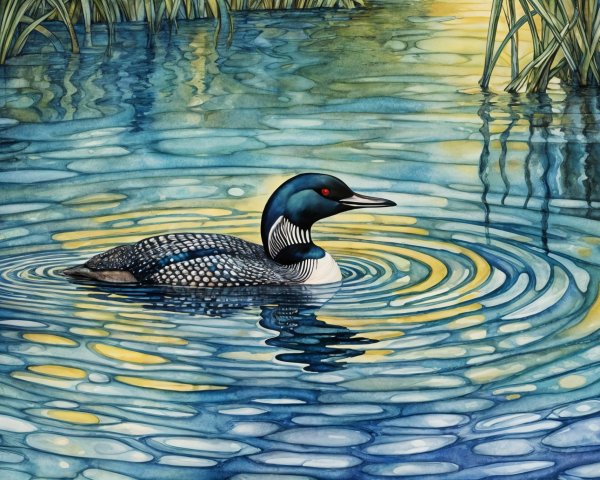 Common Loon in Calm Waters with Reeds and Sunlight