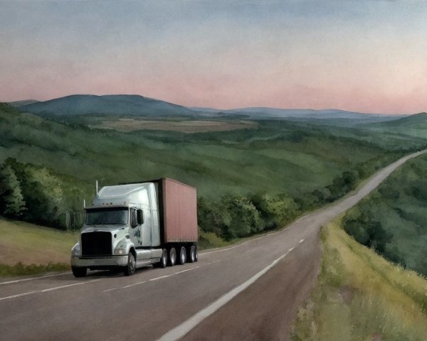 Truck on Winding Road Amidst Lush Green Hills