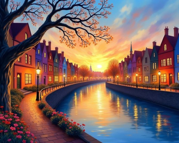 Serene sunset over colorful houses by a tranquil canal
