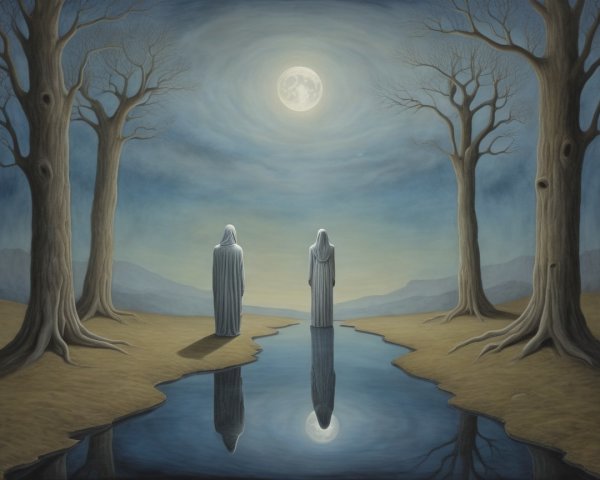 Cloaked Figures by a Moonlit River in a Serene Landscape