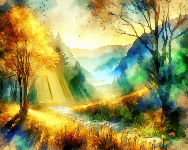 Vibrant Watercolor Landscape with Serene River and Trees