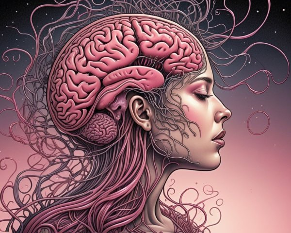 Surreal Portrait of a Woman with Brain Illustration