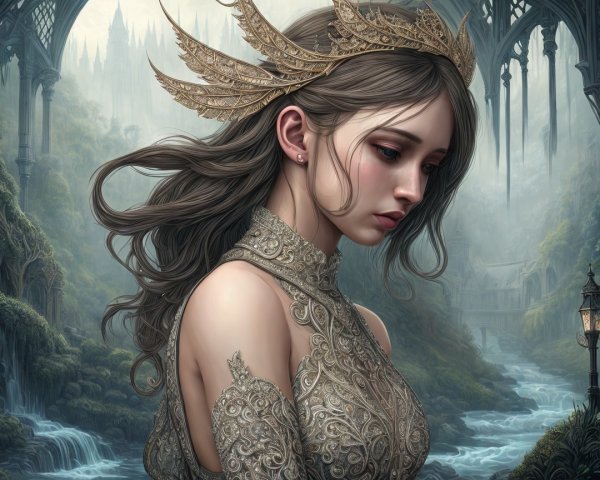 Young woman in shimmering gown in mystical landscape