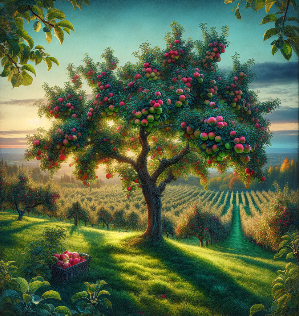 Vibrant Apple Orchard at Sunset with Ripe Apples