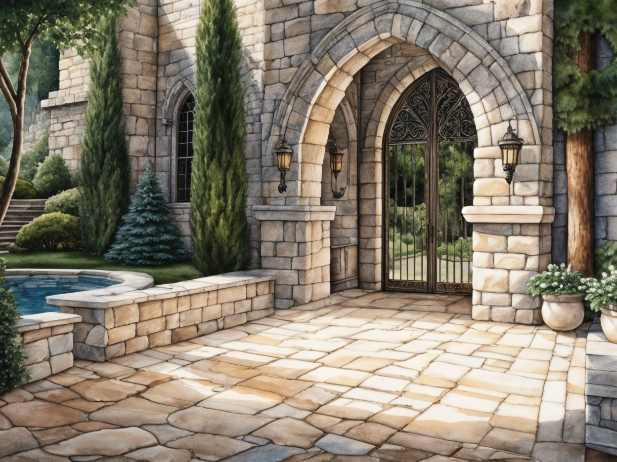 Stone Archway Entrance with Pool and Lush Greenery