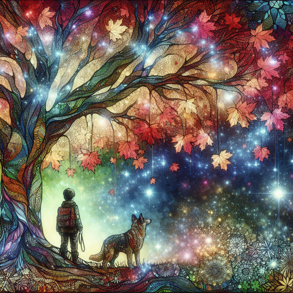 Whimsical Scene of Child and Dog Under Colorful Tree
