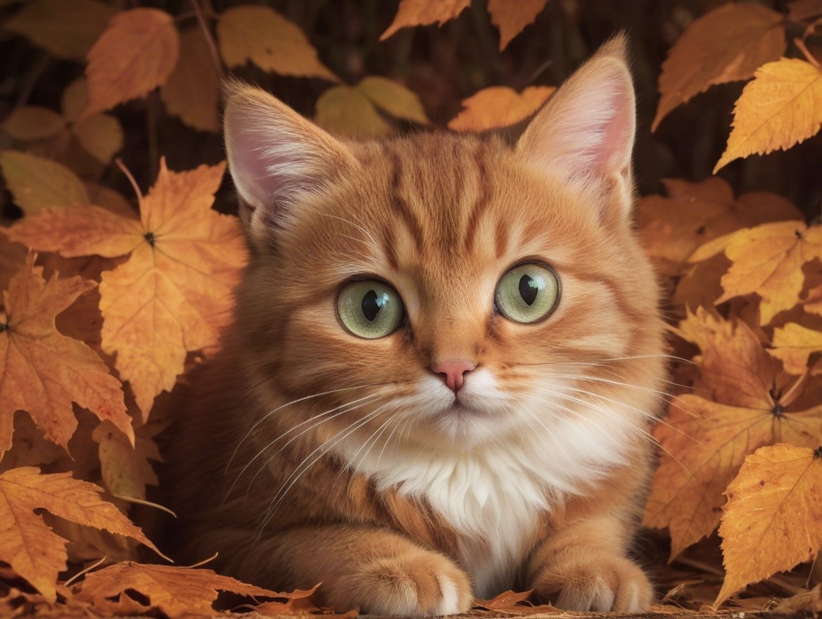 Fluffy Orange Kitten Among Vibrant Autumn Leaves