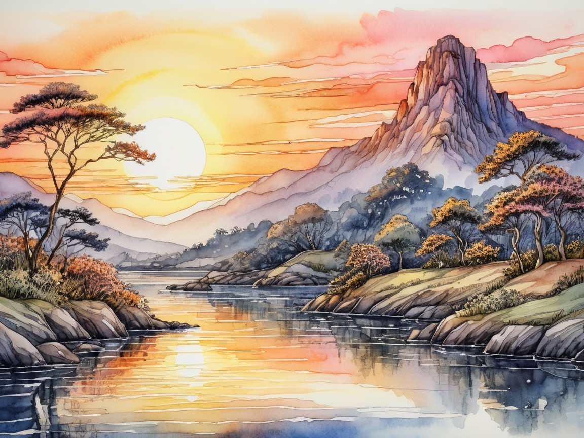 Serene Sunset Landscape with Mountains and Riverbank