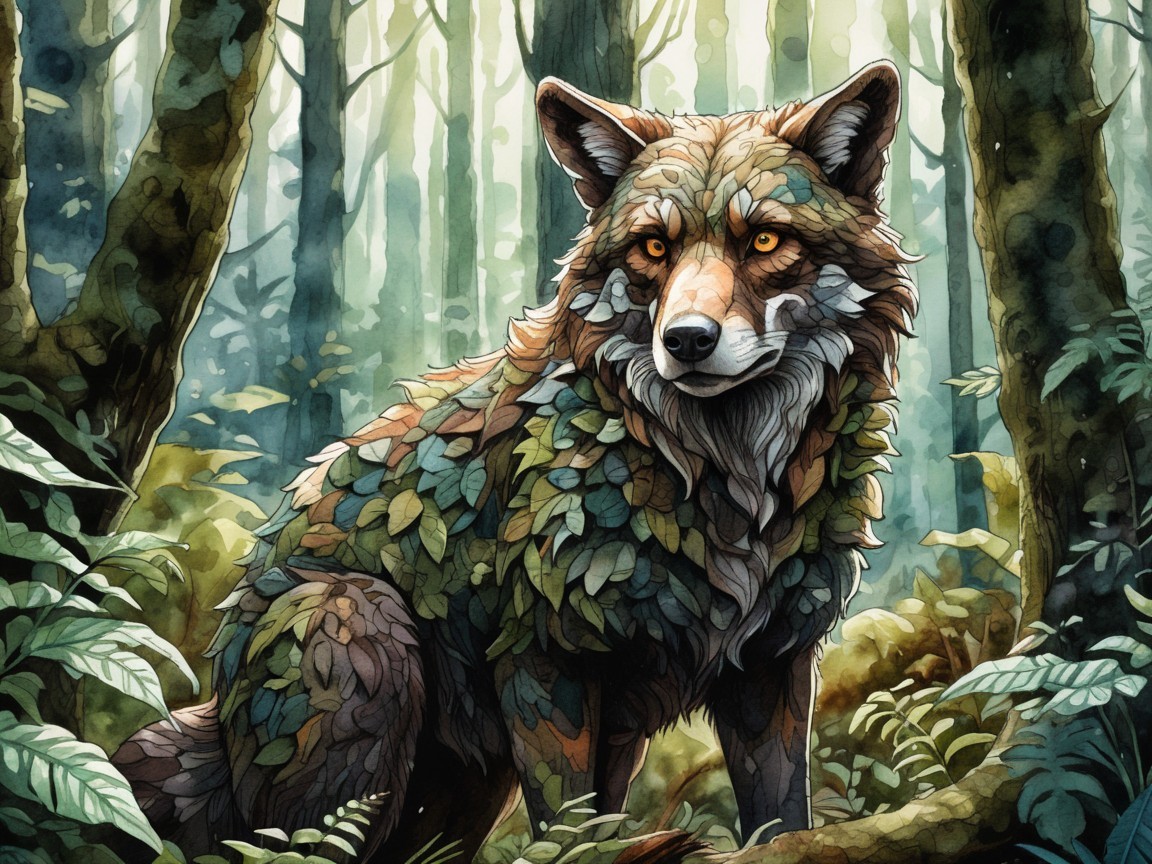 Majestic Wolf in Lush Forest with Vibrant Leaves