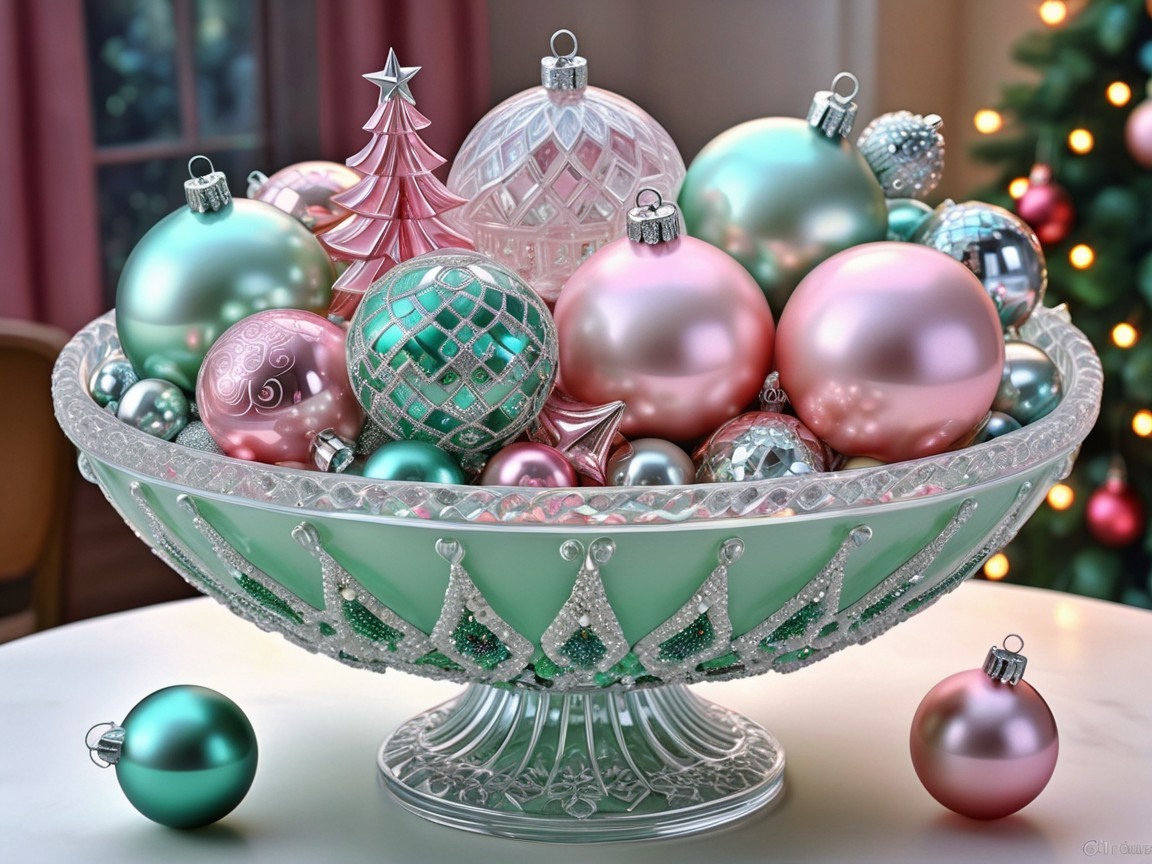Teal and Pink Christmas Ornaments in Decorative Bowl