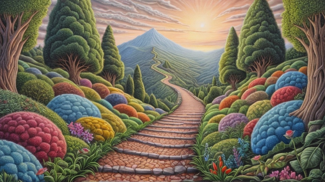 Vibrant Landscape with Winding Path and Majestic Mountain