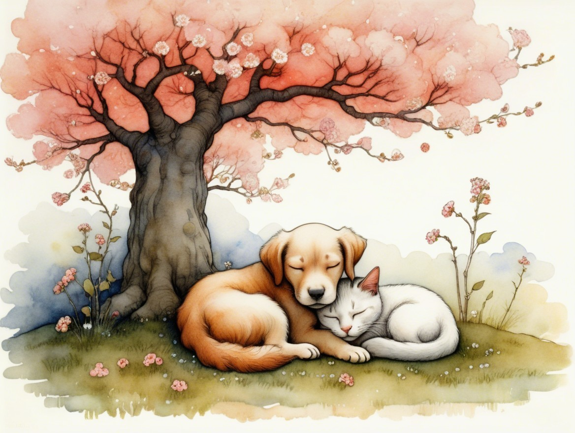Golden Retriever and White Cat Under Pink Tree