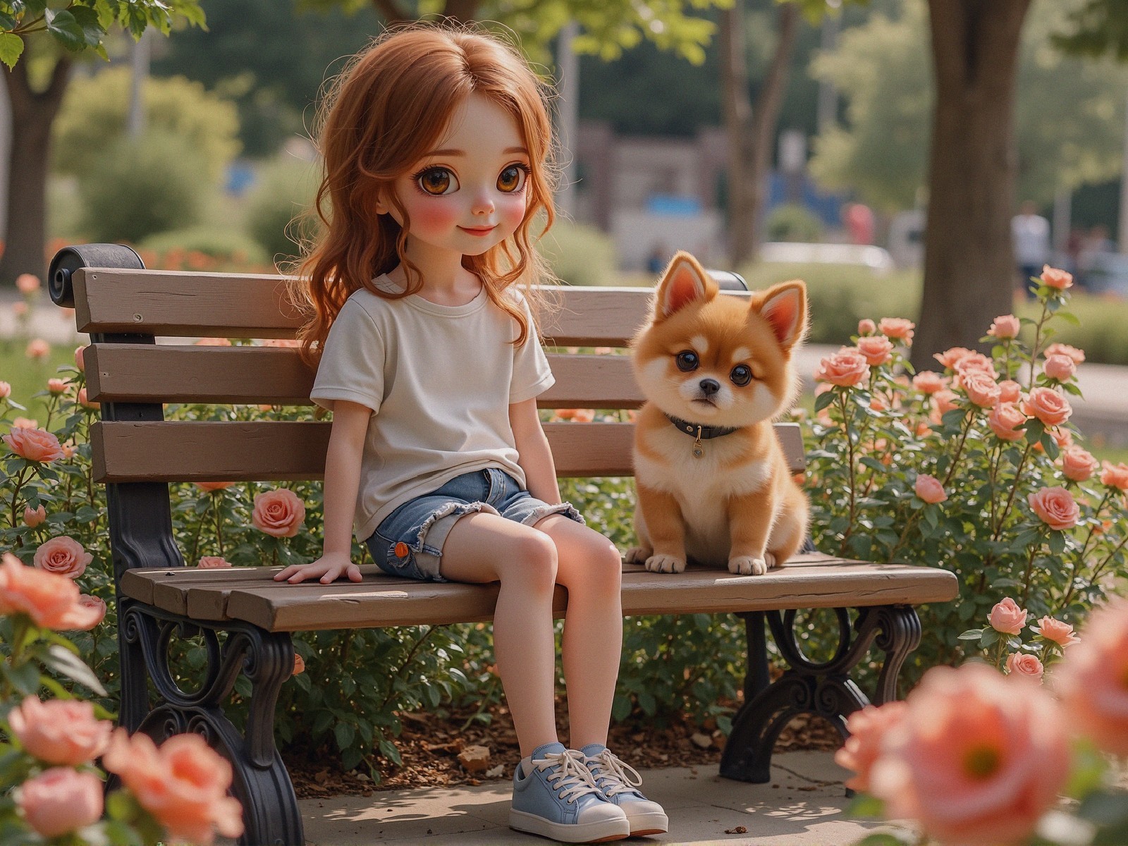 Doll-like Girl with Pomeranian in Blooming Roses