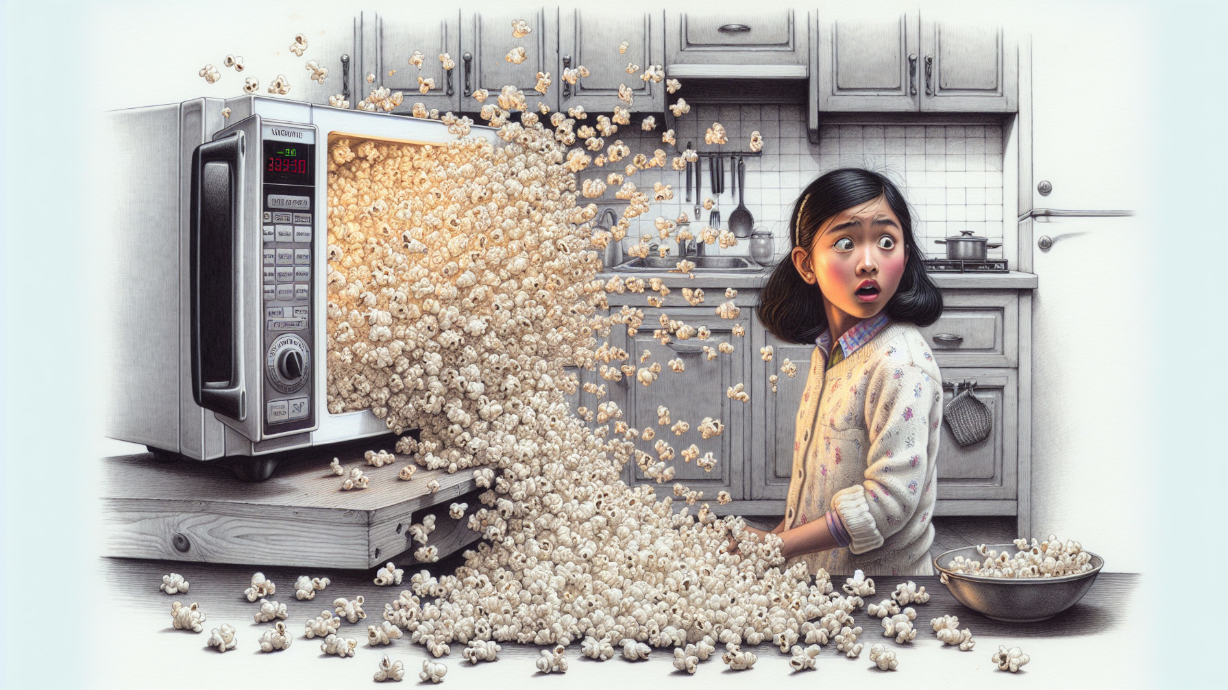 Young girl surprised by overflowing popcorn in kitchen