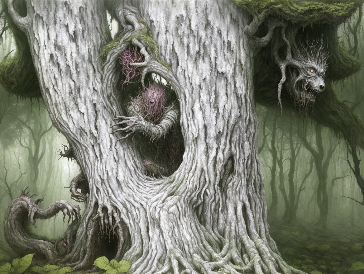 Mystical forest with a gnarled tree and shadowy figure