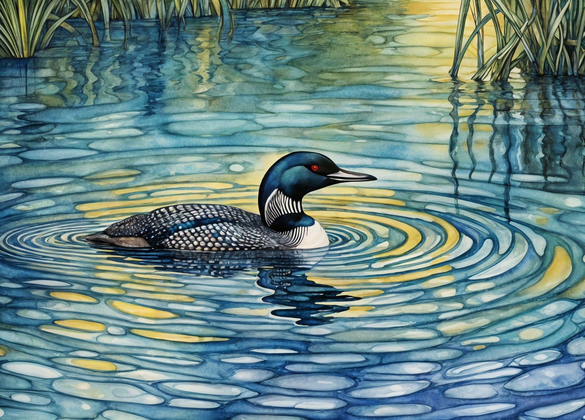Common Loon in Calm Waters with Reeds and Sunlight