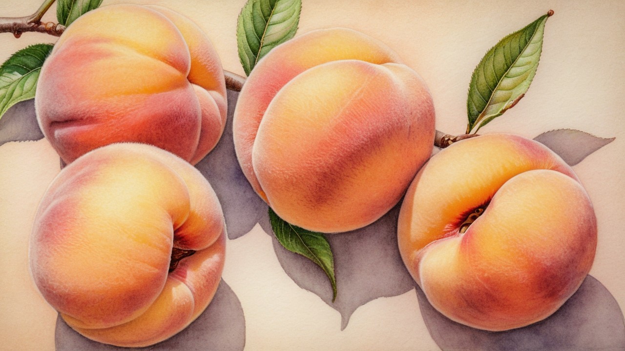 Ripe peaches with velvety skin and green leaves