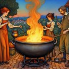 Illustrated Twilight Scene with Figures and Cauldron