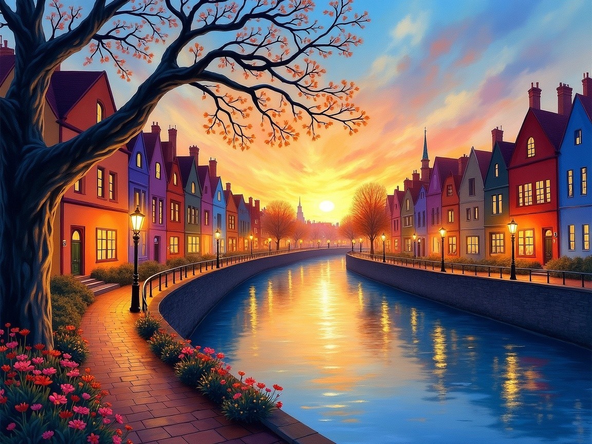 Serene sunset over colorful houses by a tranquil canal