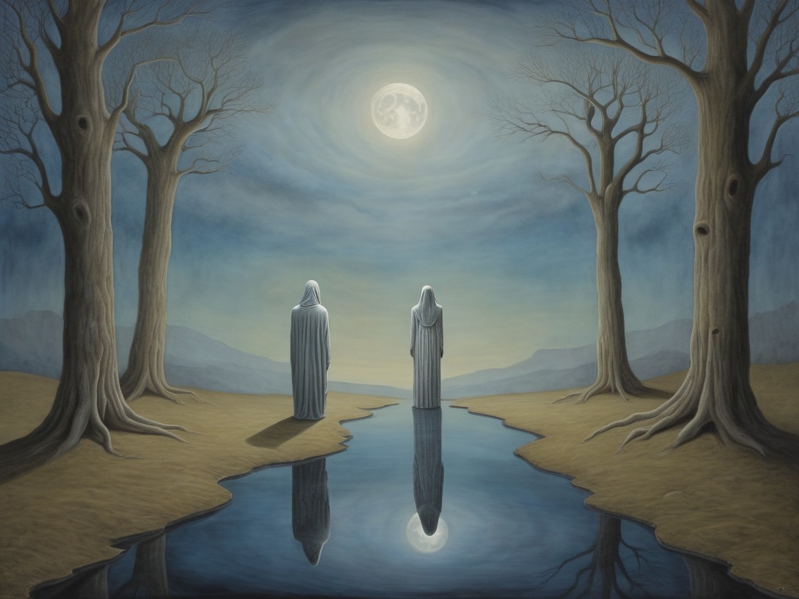 Cloaked Figures by a Moonlit River in a Serene Landscape