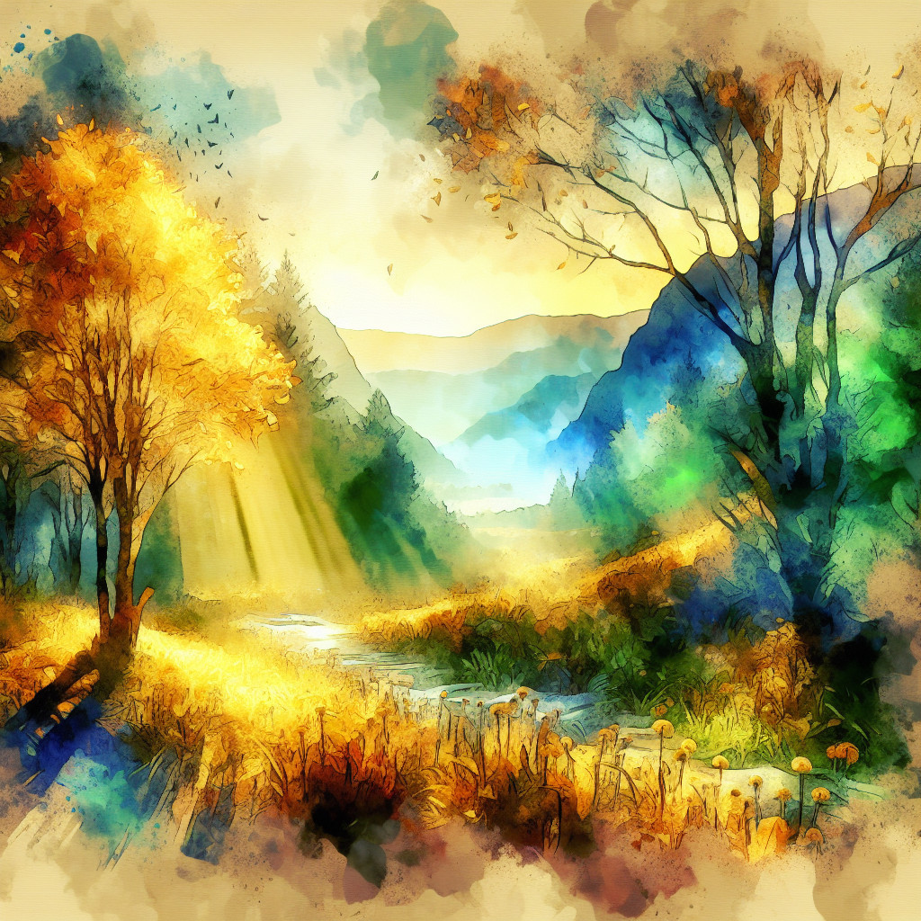 Vibrant Watercolor Landscape with Serene River and Trees