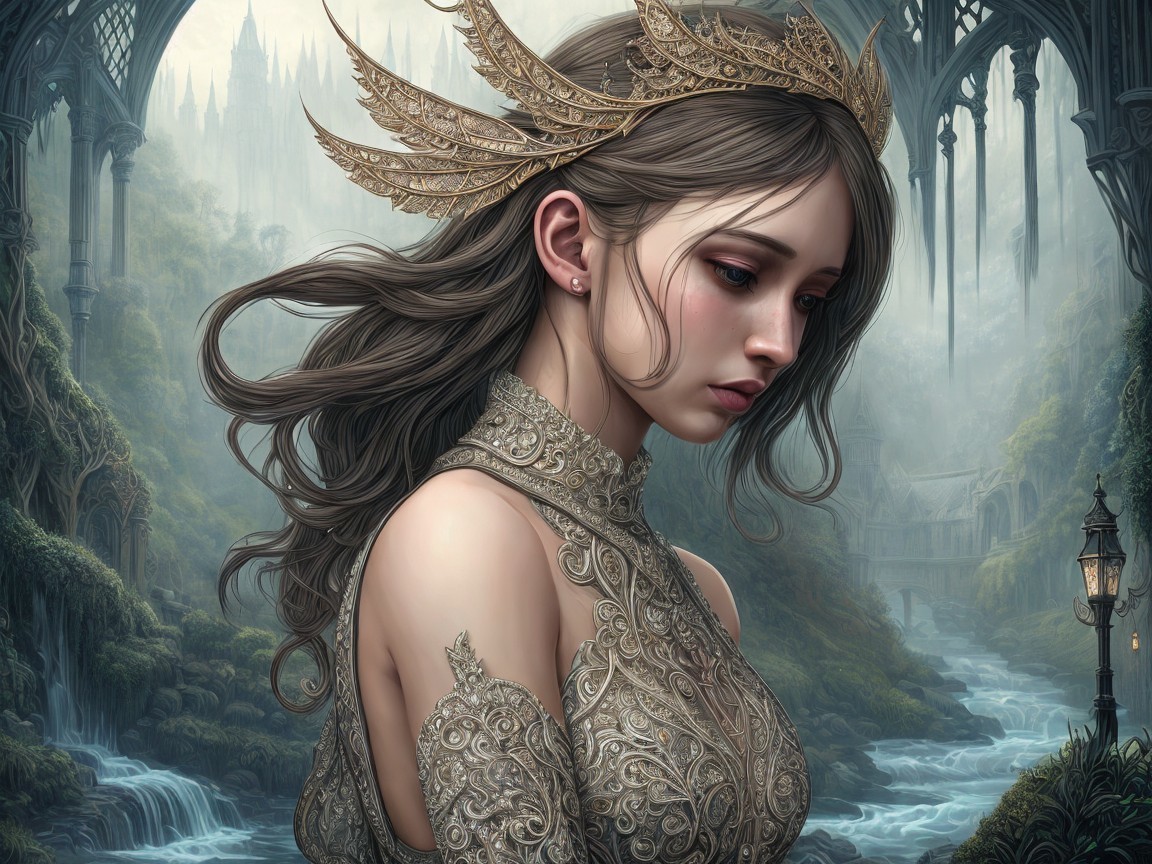 Young woman in shimmering gown in mystical landscape