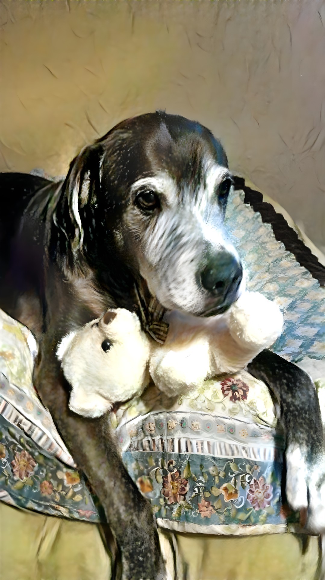 Gentle Dog with Teddy Bear on Cozy Blanket