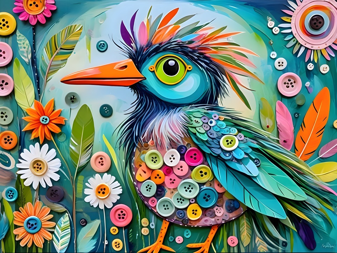 Vibrant Blue Bird in Whimsical Garden Setting