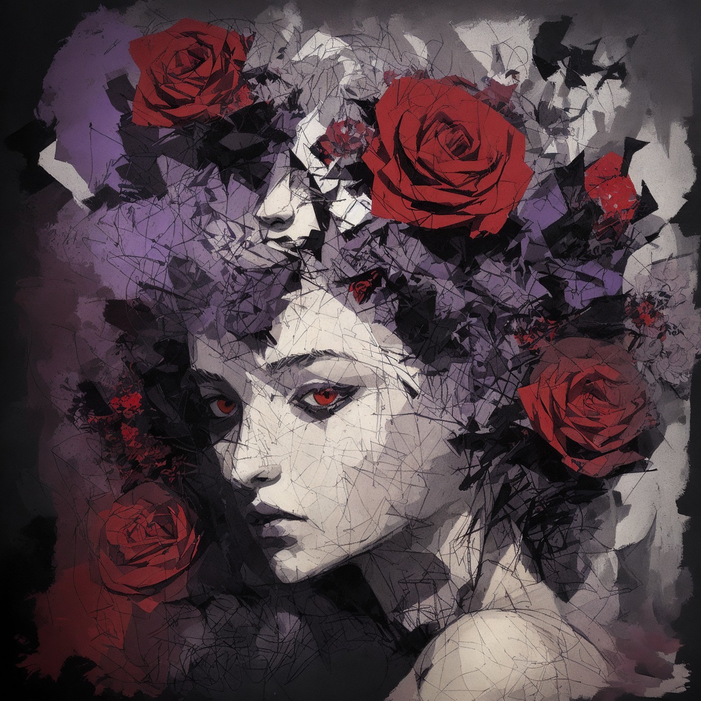 Digital Painting of Woman with Red Eyes and Glass Hair