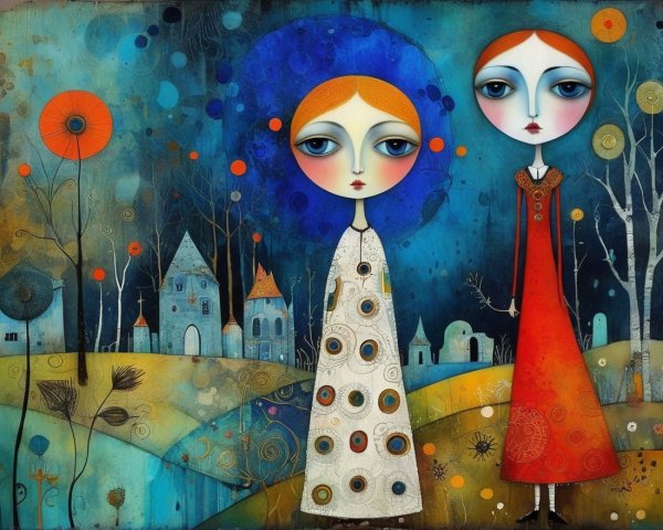 Stylized Figures Against Vibrant Blue Background