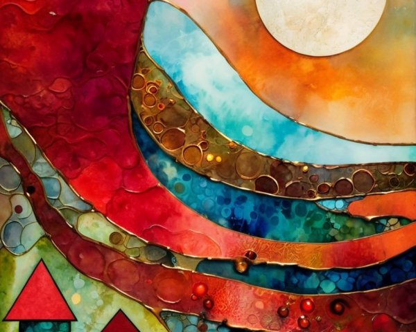 Vibrant Stained Glass Painting with Moon and Color Bands