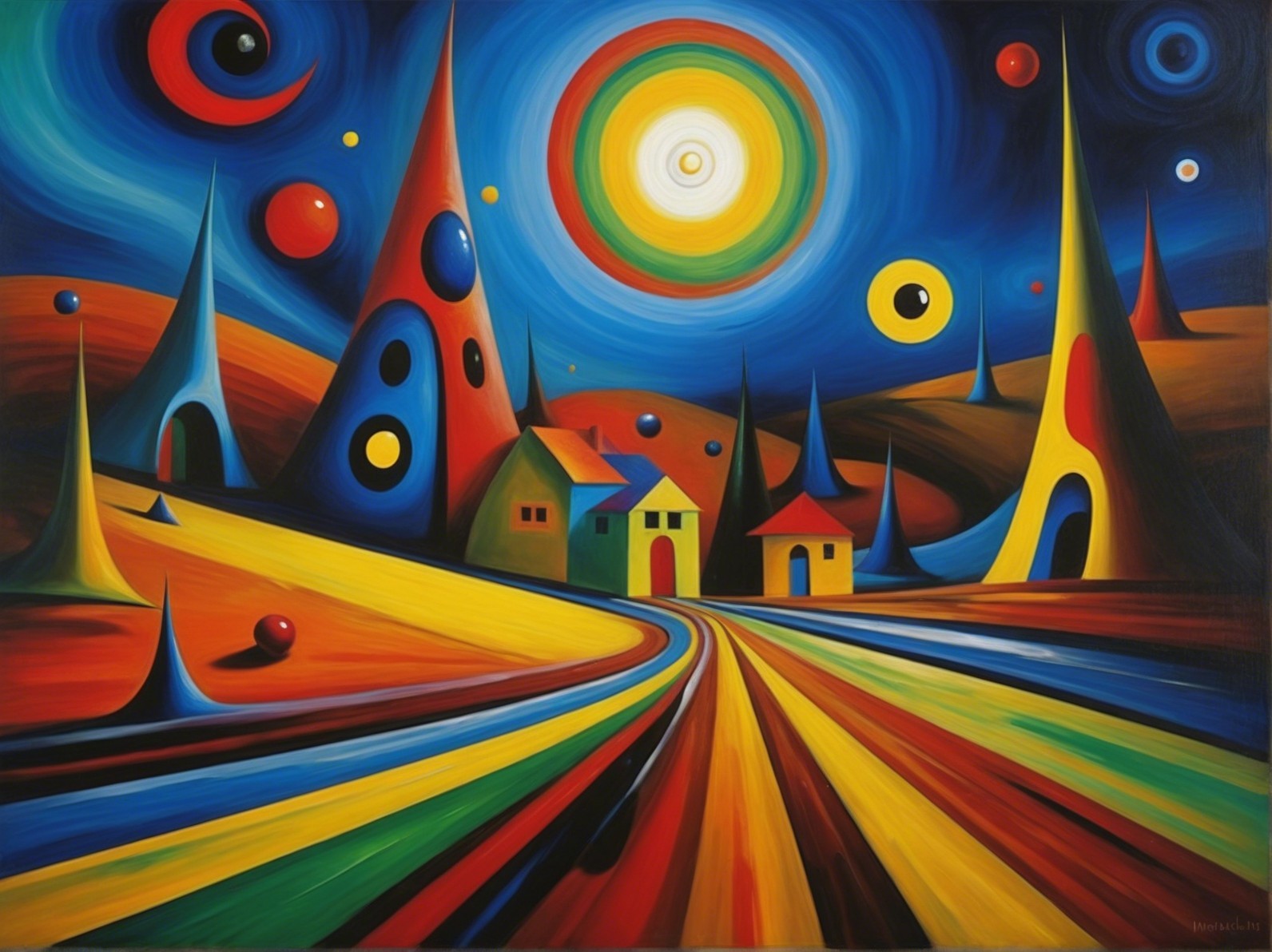 Abstract Painting of a Whimsical Landscape at Night
