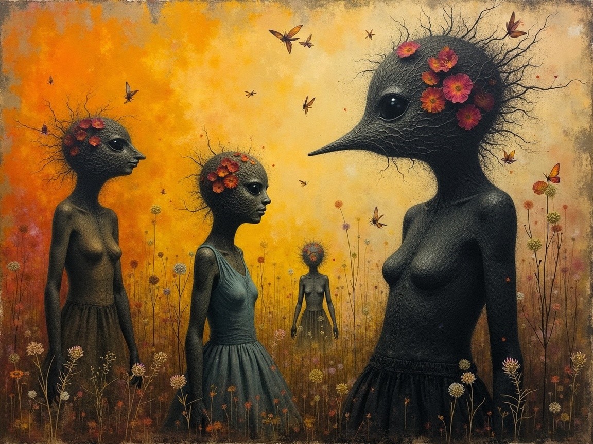 Surreal Landscape with Figures and Vibrant Flora