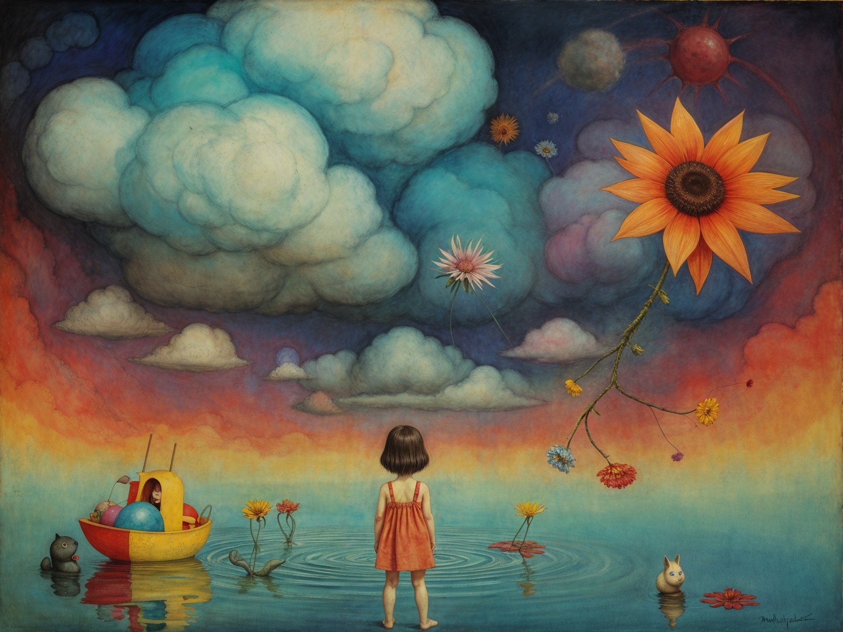 Young girl in water gazes at a whimsical landscape
