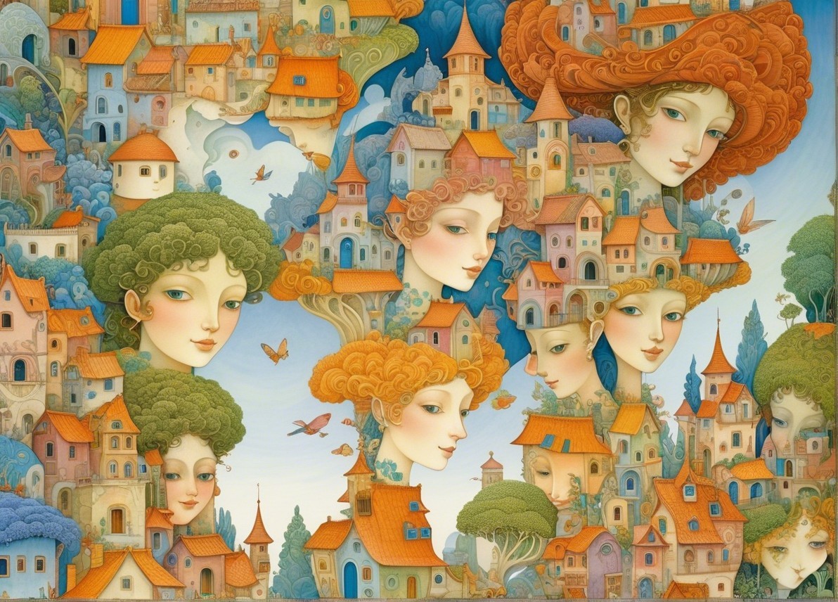 Whimsical Landscape with Colorful Houses and Butterflies