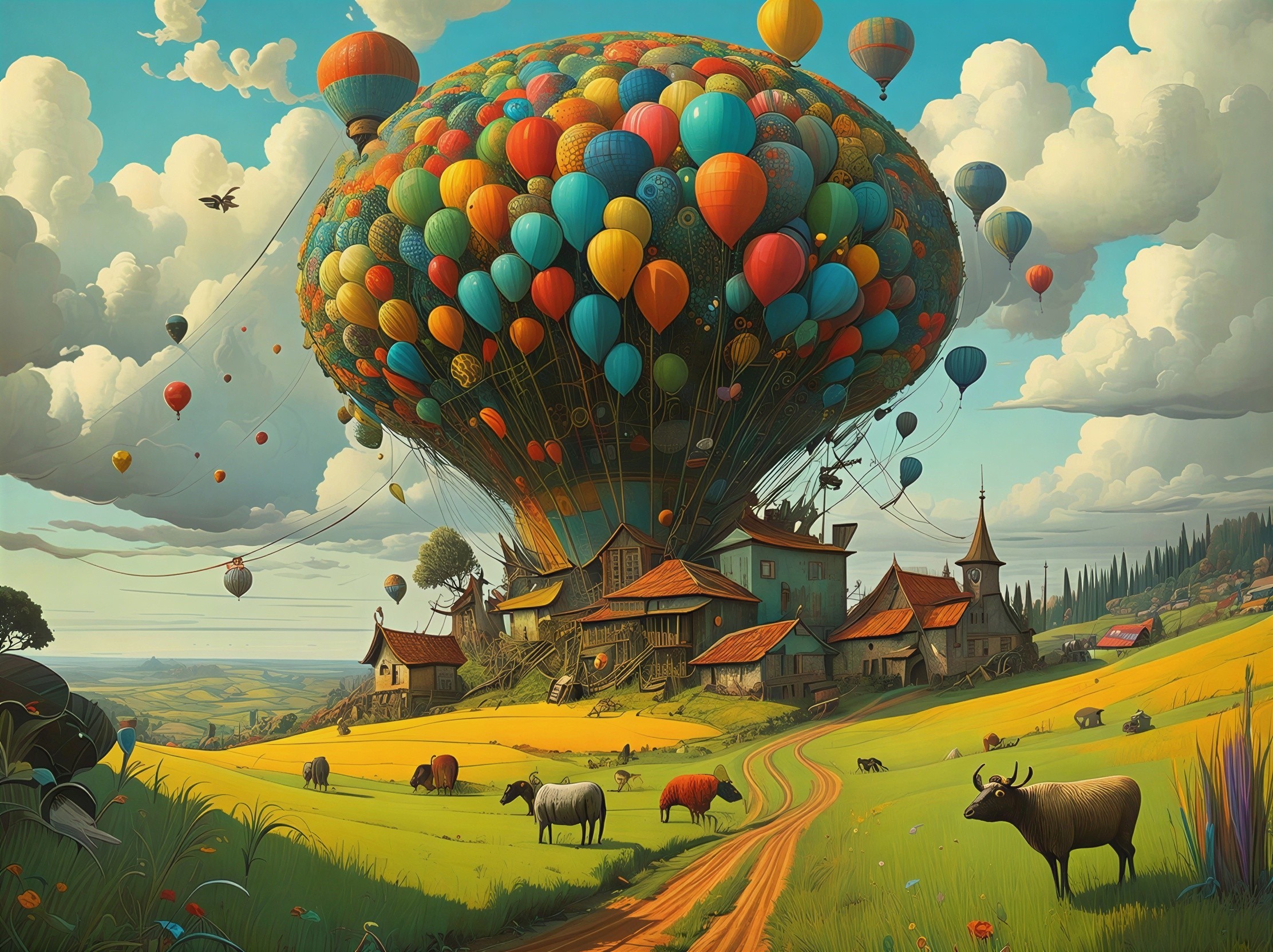 Hot Air Balloons Over Vibrant Green Landscape