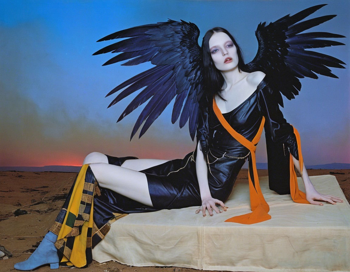 Reclining Figure in Black Dress with Raven Wings