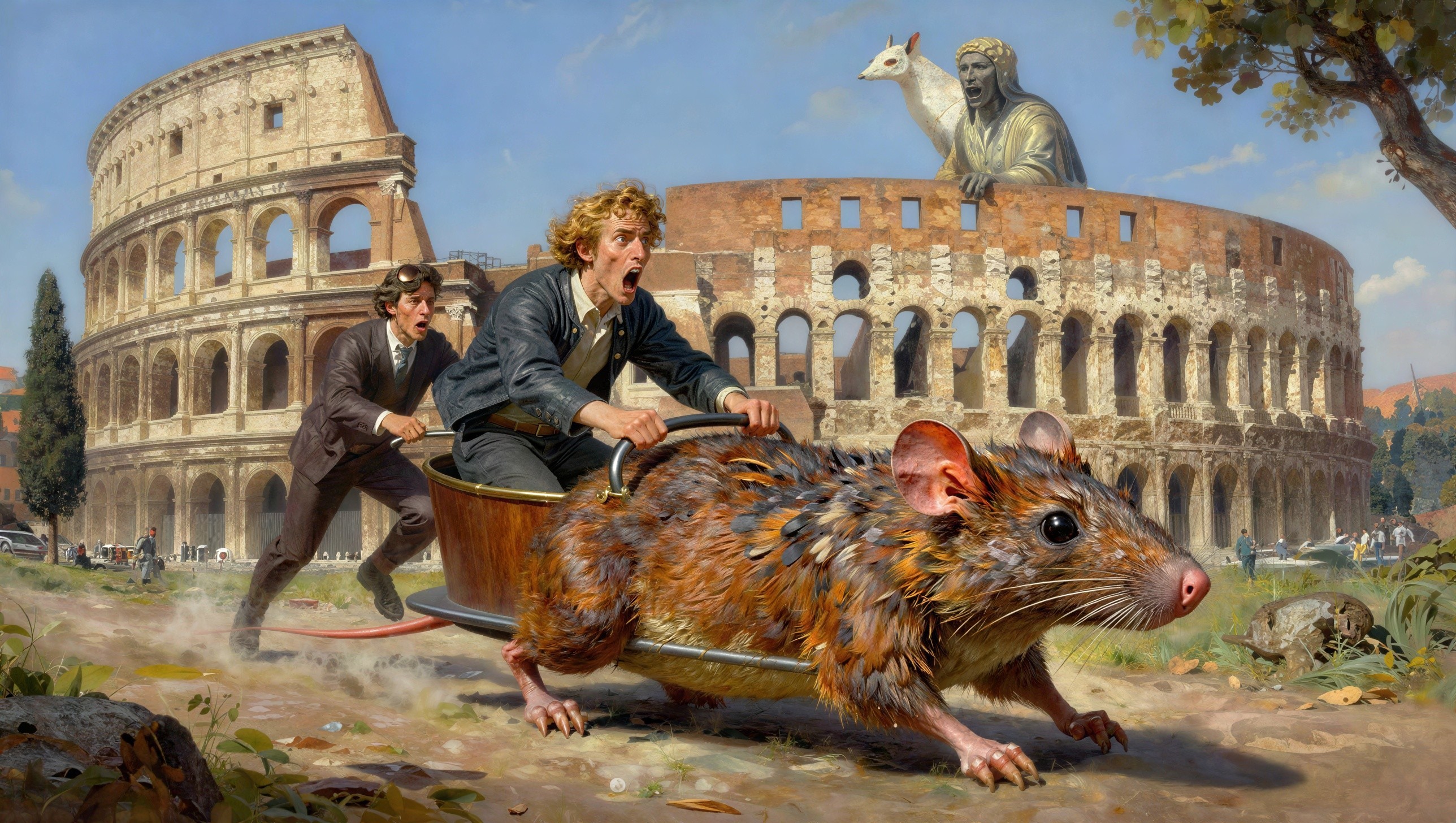 Blonde Man Riding Giant Rat in Front of Colosseum