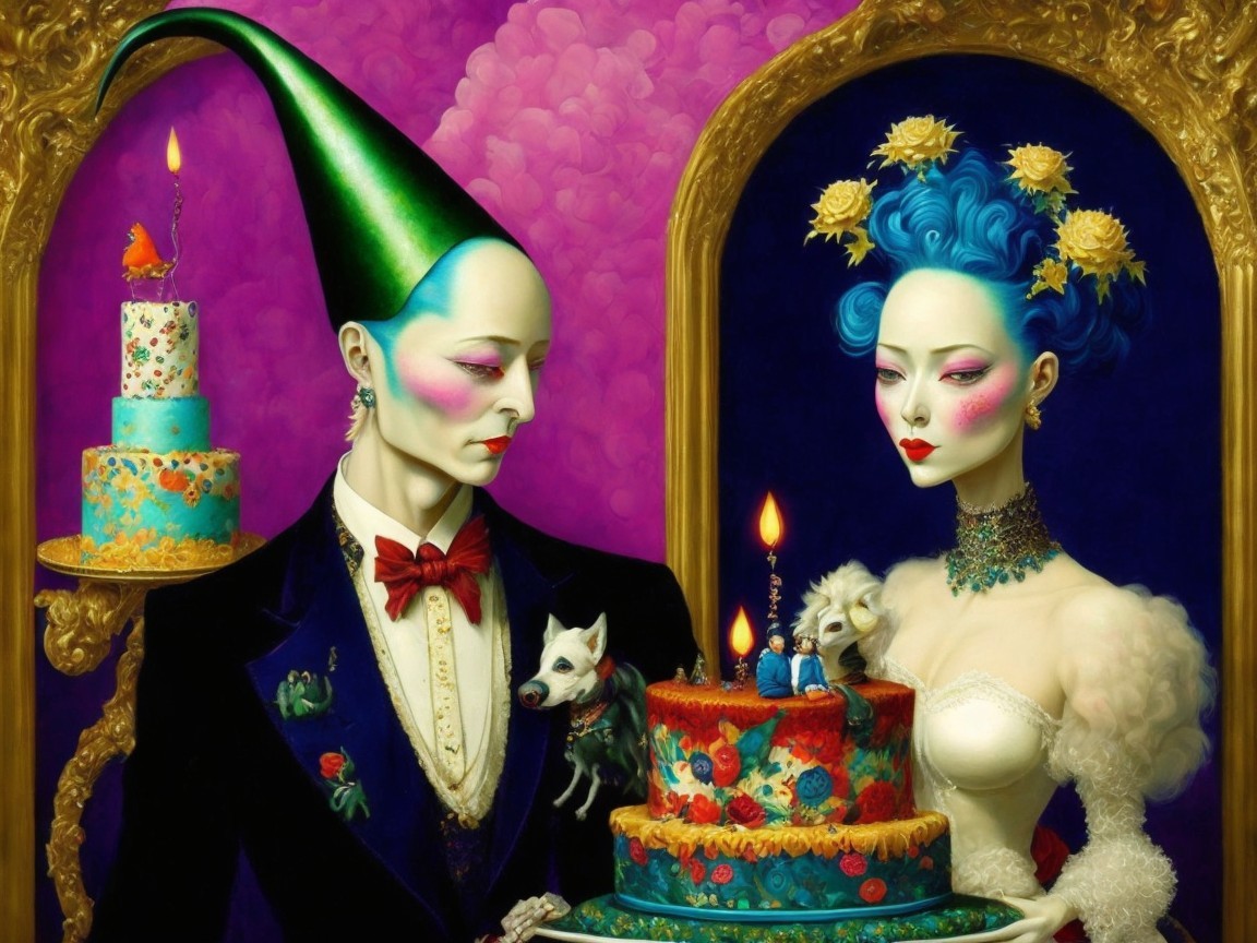 Surreal Scene with Elegant Figures and Ornate Cakes