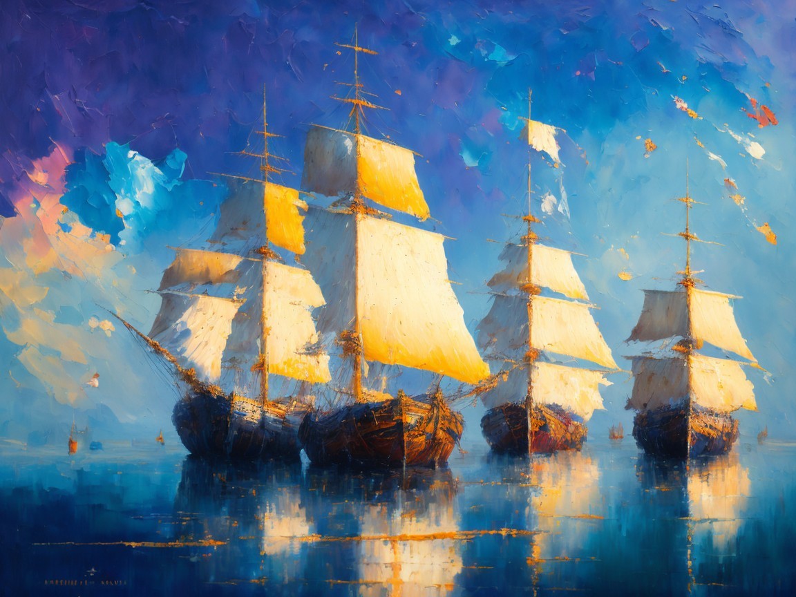 Vibrant Seascape with Tall Ships and Tranquil Waters