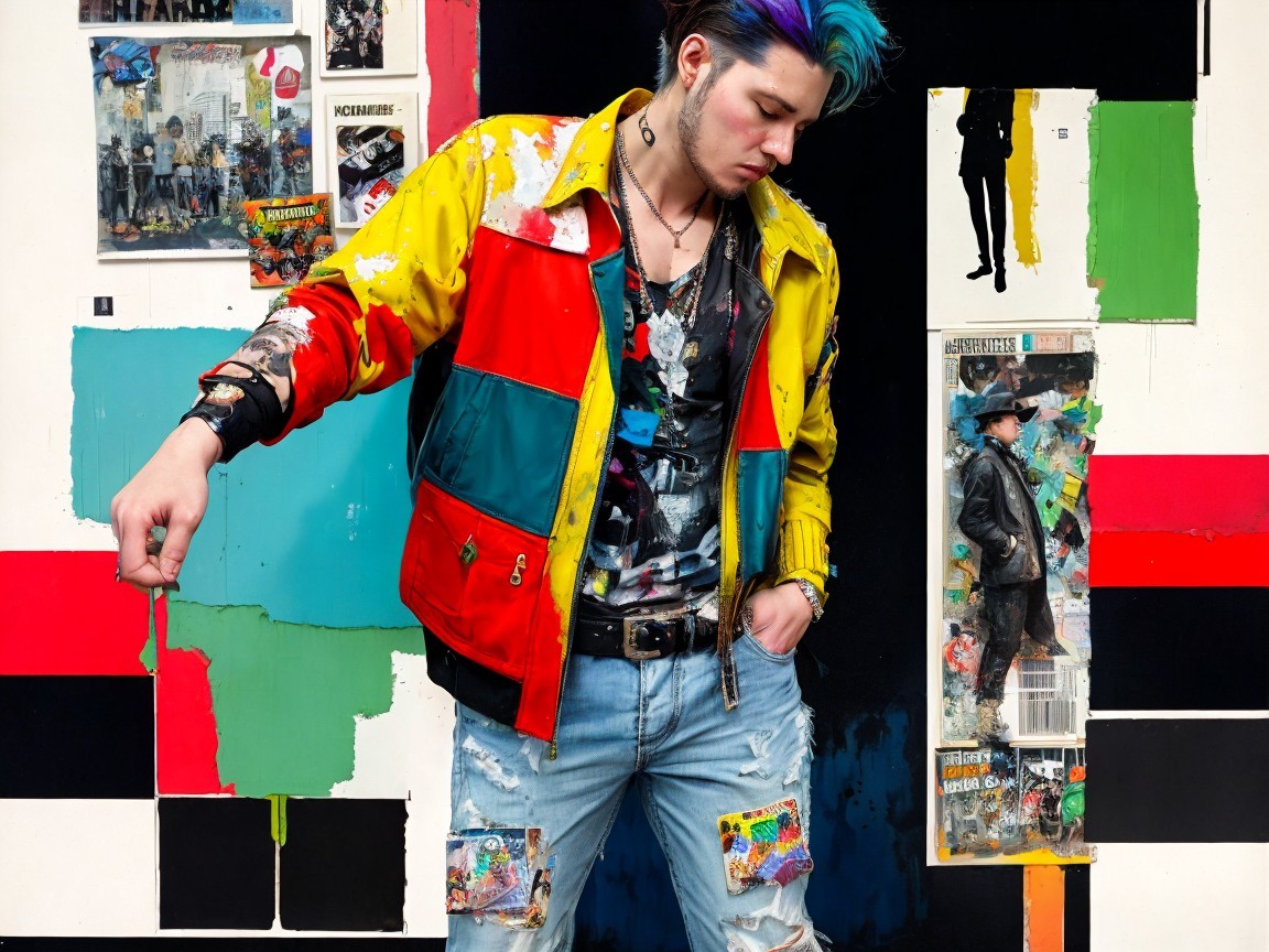 Young man in colorful attire against graffiti wall