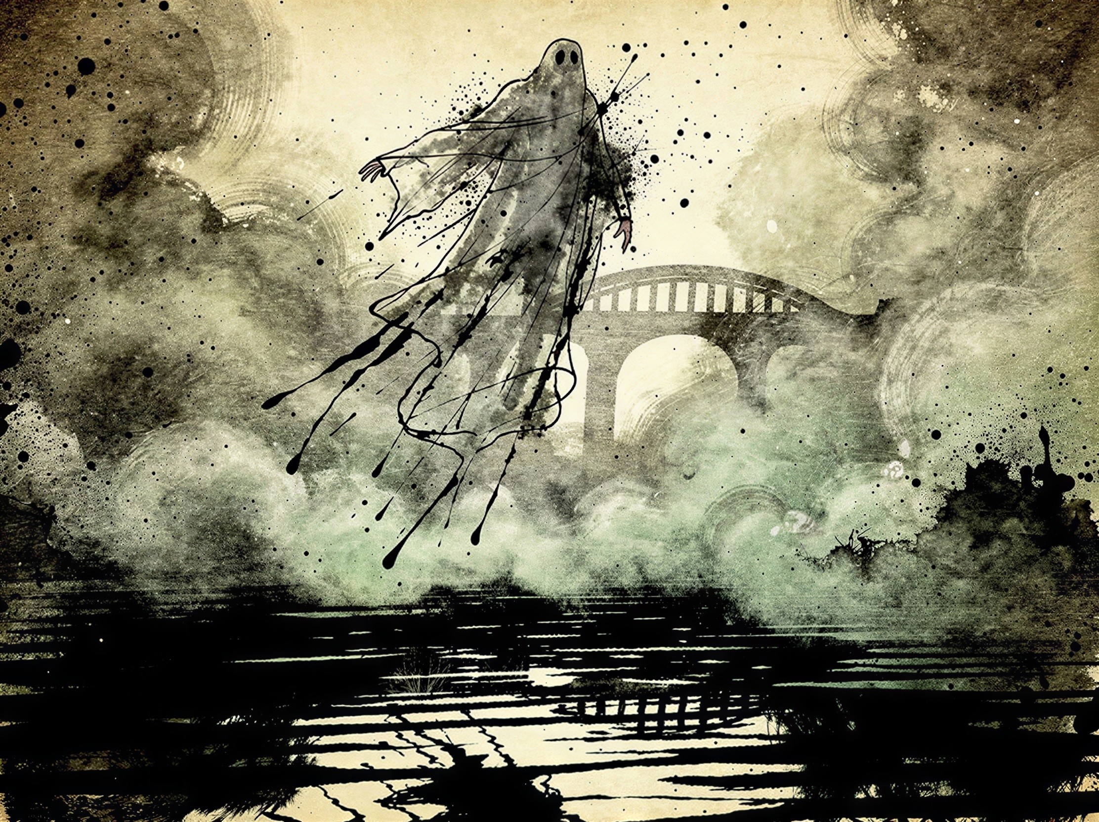 Dark Ink Painting of a Ghost Over Rough Water